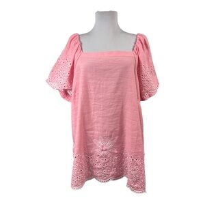 Talbots Women's XL Pullover Blouse Pink Linen Cotton Square Neck Puff Sleeve